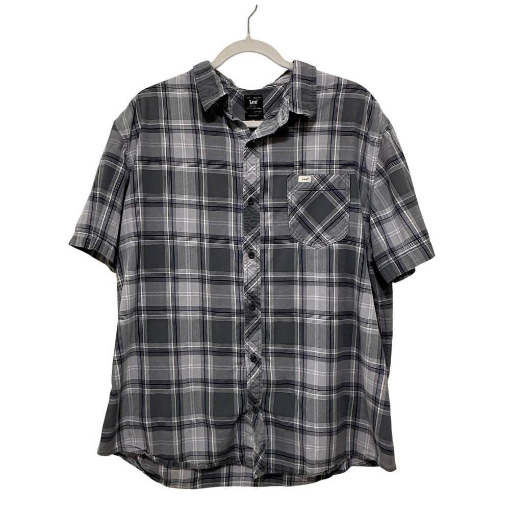 Lee Plaid‎ Button Down Mens XXL Grey Short Sleeve Regular Fit Shirt